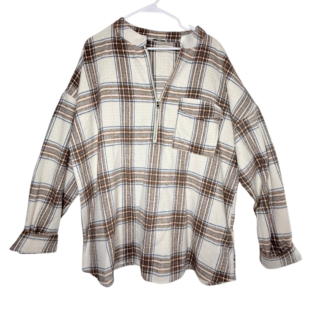 JODIFL 3X Plus Plaid Quarter Zip Shacket Tunic Top Cream Brown Blue Oversized